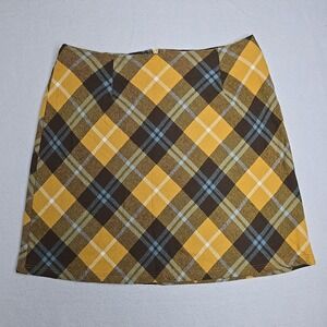 Altar'd State Skirt L‎ Yellow Brown Blue Plaid Checkered Pattern Mini Tweed Clue